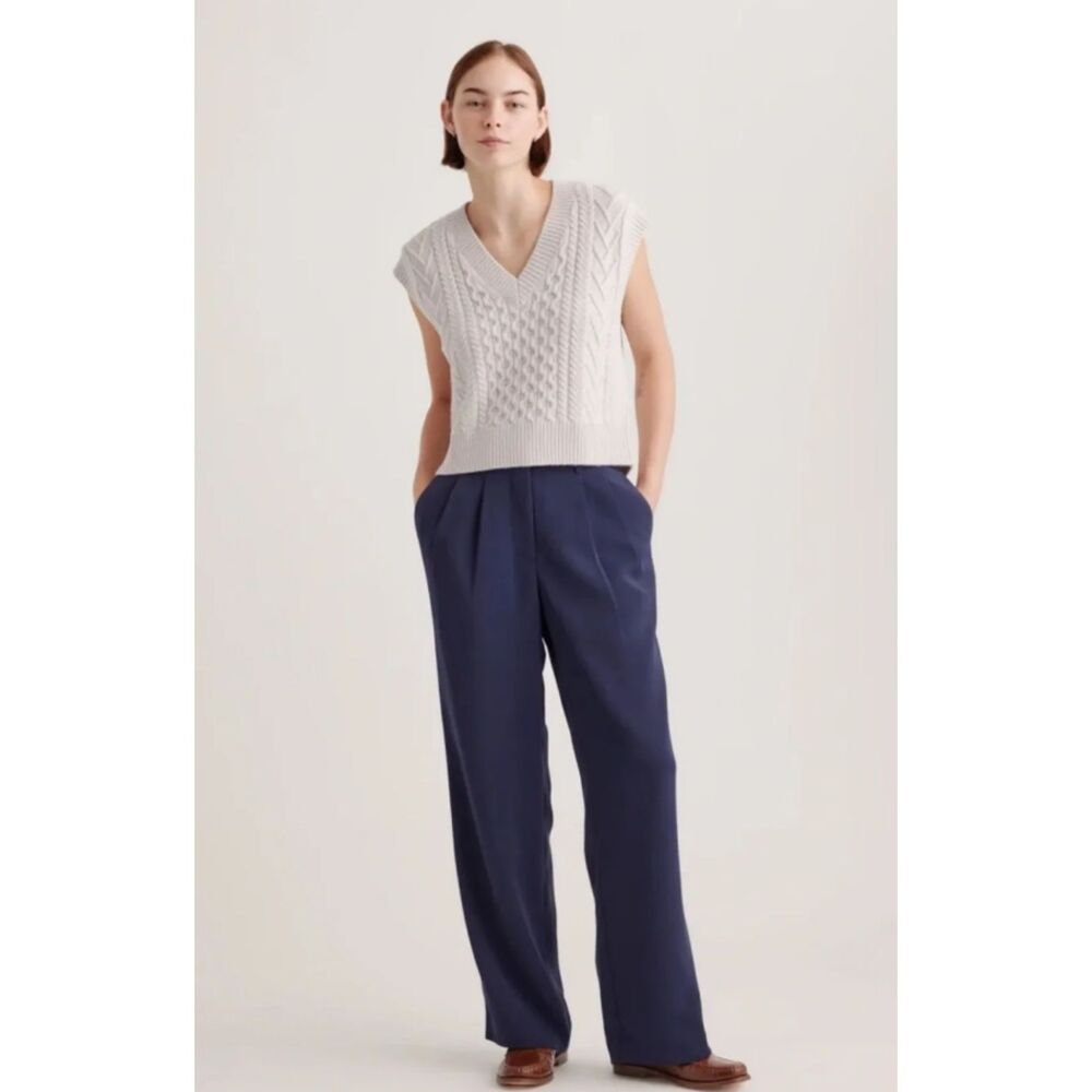 Quince Navy Stretch Crepe Pleated Wide Leg Flowy Smart Casual Trousers Sz 8